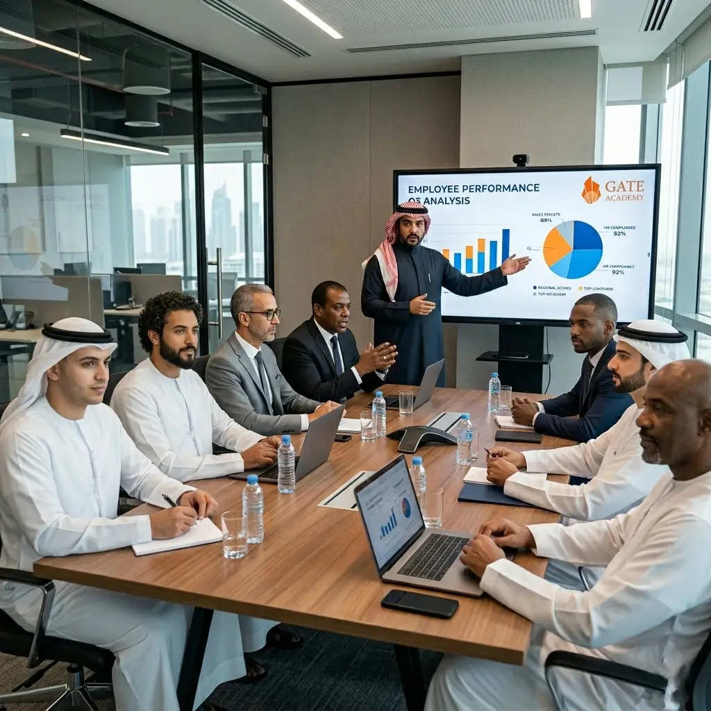  HR manager leading team development meeting in modern office 